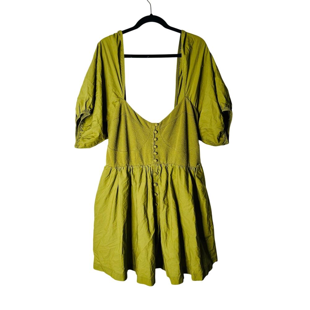 Maeve Anthropologie Olive Green Smocked Puff Sleeve Button Front Mini Dress 1X